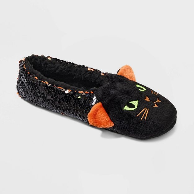 Women's Black Cat Flip Sequin Pull-On Slipper Socks with Grippers - Hyde & EEK! Boutique™ Black... | Target