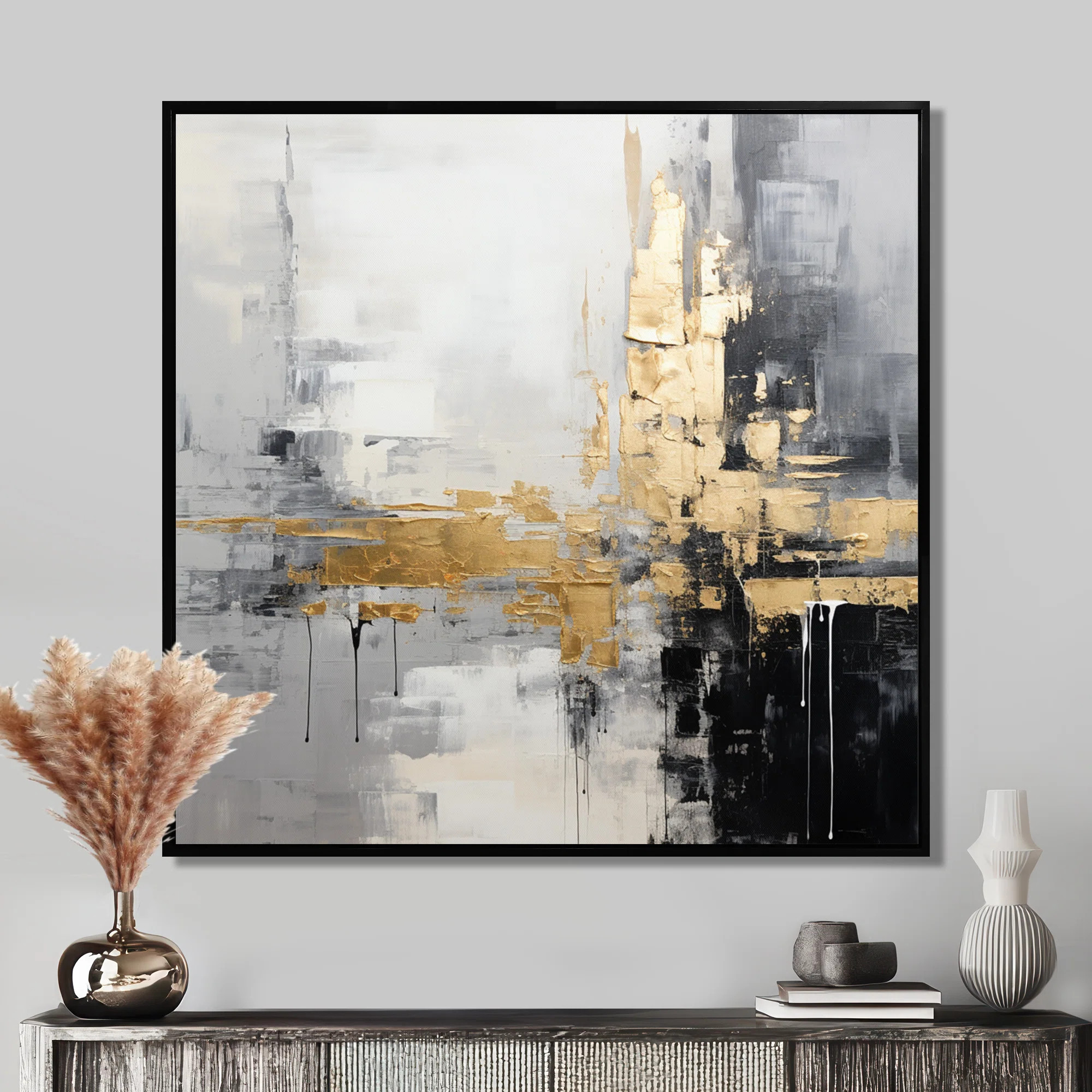 Gold Golden City White Gray Black - Abstract Painting Canvas Wall Art | Wayfair North America