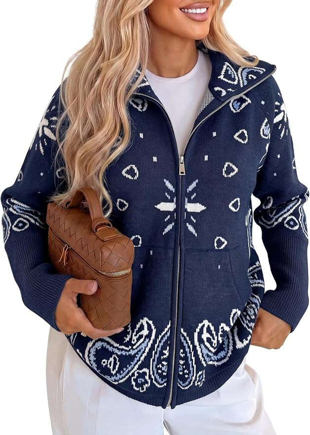 Cicy Bell Women Zip Up Cardigan Sweater Stand Collar Knit Printed Sweater | Amazon (US)