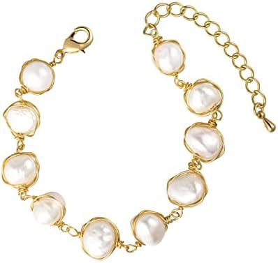 Cowlyn Pearl Bracelet Baroque Cultured Handmade Wind Bossimi 18K Gold Work Around Silk Adjustable... | Amazon (US)