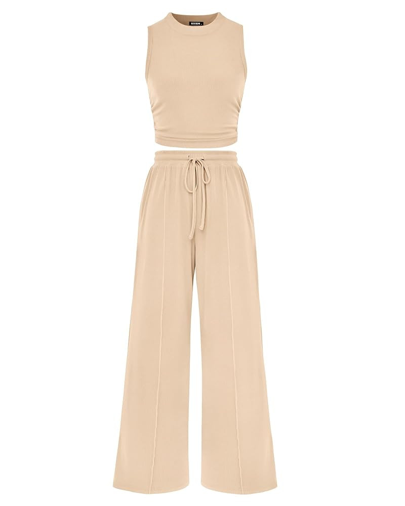 BTFBM Women Summer 2 Piece Outfits 2025 Beach Crew Neck Sleeveless Cropped Top Elastic Waist Wide... | Amazon (US)