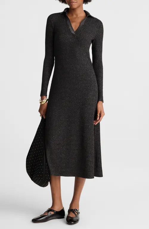 Madewell Ribbed Y-Neck Polo Maxi Dress in Lurex Black at Nordstrom, Size Xx-Large | Nordstrom