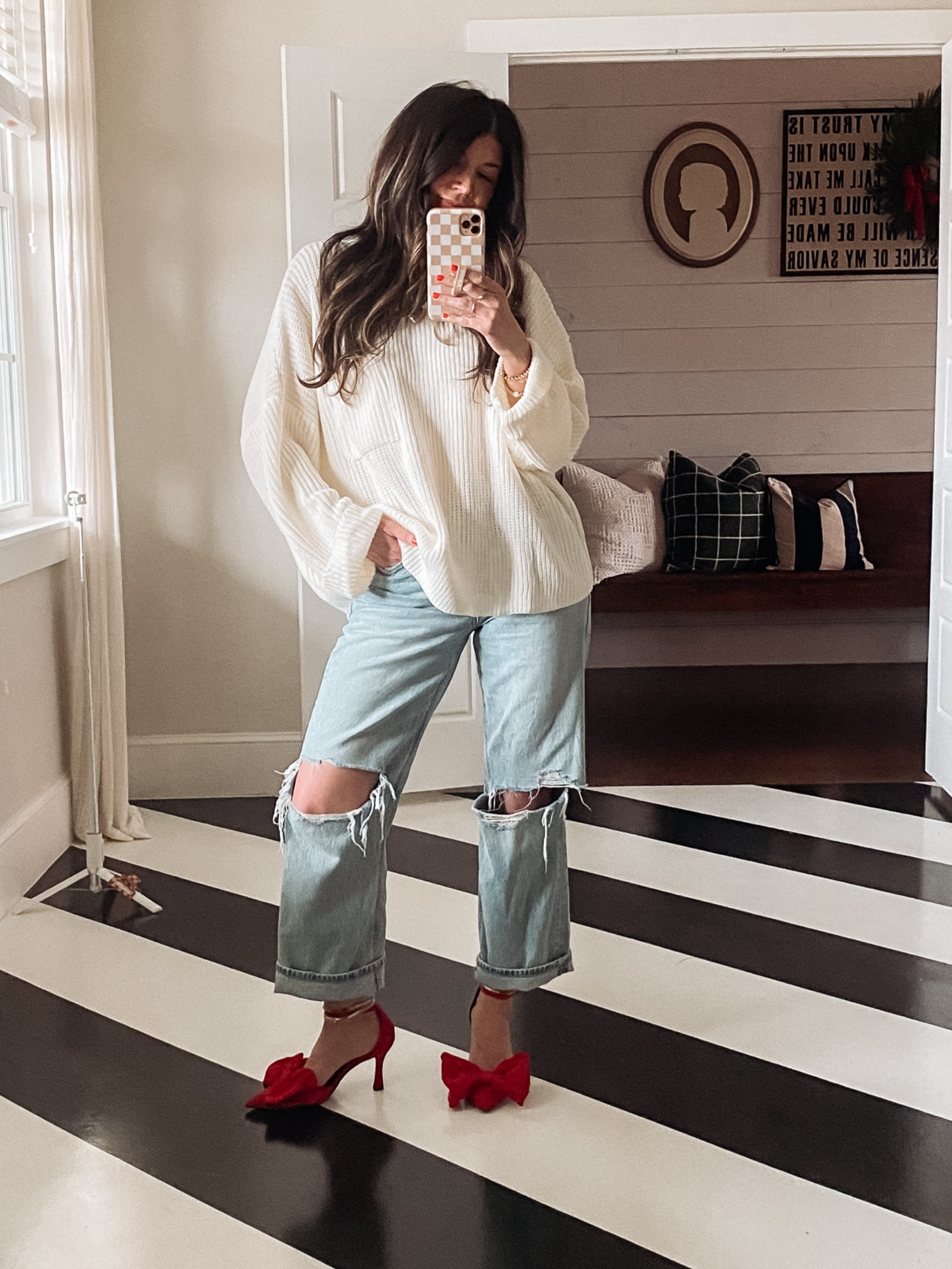Christmas Holiday outfit or Thanksgiving Outfit! 
-cream oversized sweater: S 
-denim jeans: 0 - tts; short length
-red bow heels: tts (they sent me 6 and 6.5 and they fit the exact same!)

#LTKHoliday #LTKSeasonal #LTKCyberWeek