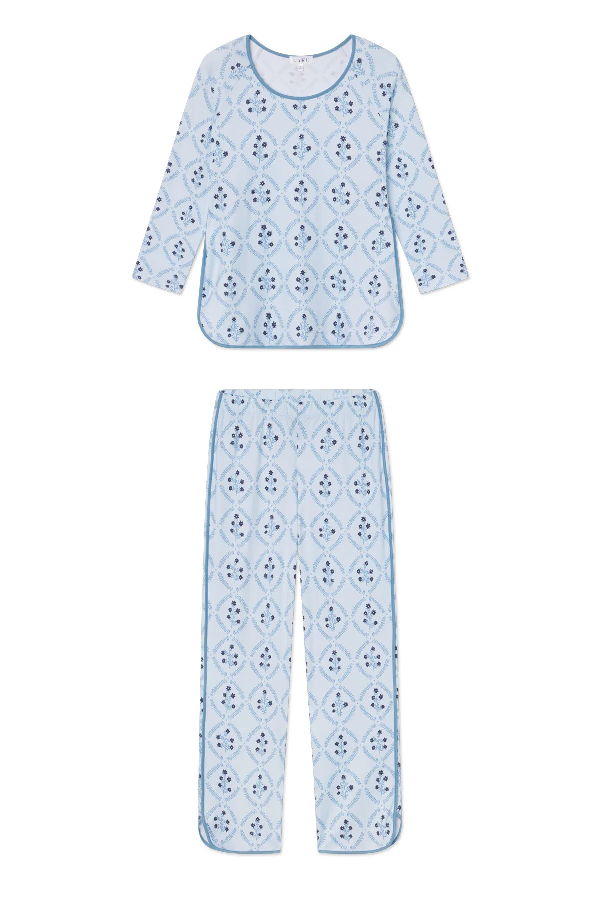 Pima Long-Long Set in Serene Blue Wreath | Lake Pajamas
