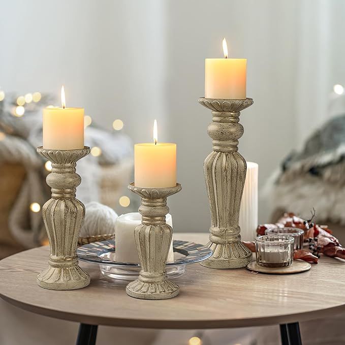 Pillar Candle Holder Set of 3-7.9", 9.8", 11.8" H Candlestick Candle Holder Stand, Vintage Candle... | Amazon (US)