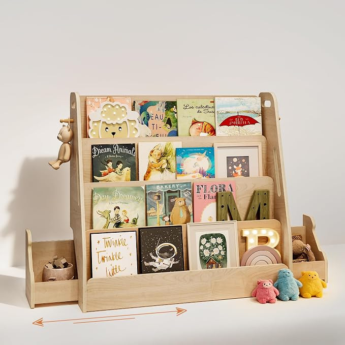 Kids Bookshelf with Drawers & Hooks, 4-Tier Forward-Facing Book Display for Toddlers, Wooden Maga... | Amazon (US)