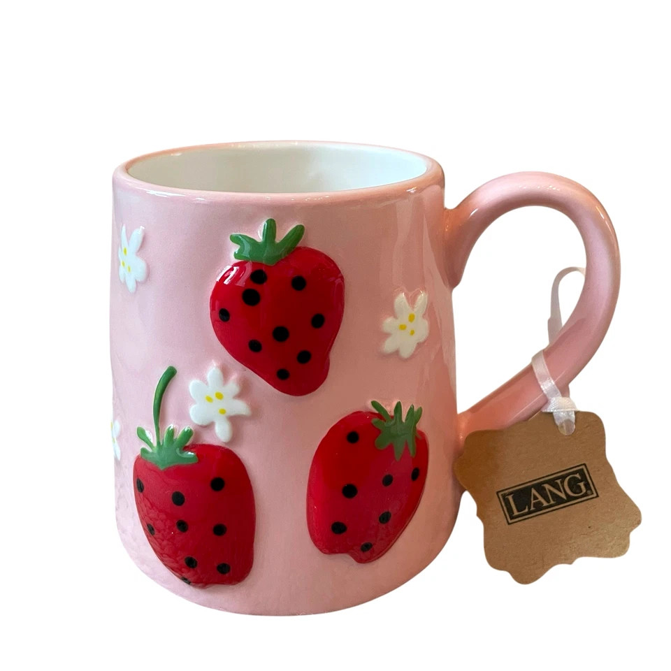 Lang Hand Painted RED STRAWBERRY Pink Ceramic Coffee Tea Mugs Set of 2 New | eBay US