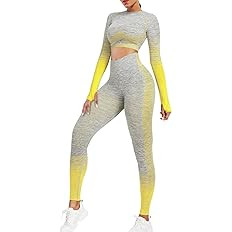 FeelinGirl Workout Sets for Women 2 Piece Workout Outfits High Waist Yoga Leggings Long Sleeve Cr... | Amazon (US)