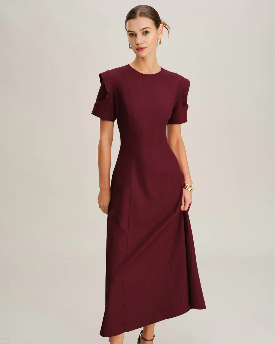 Wine Red Round Neck A-Line Maxi Dress | rihoas.com