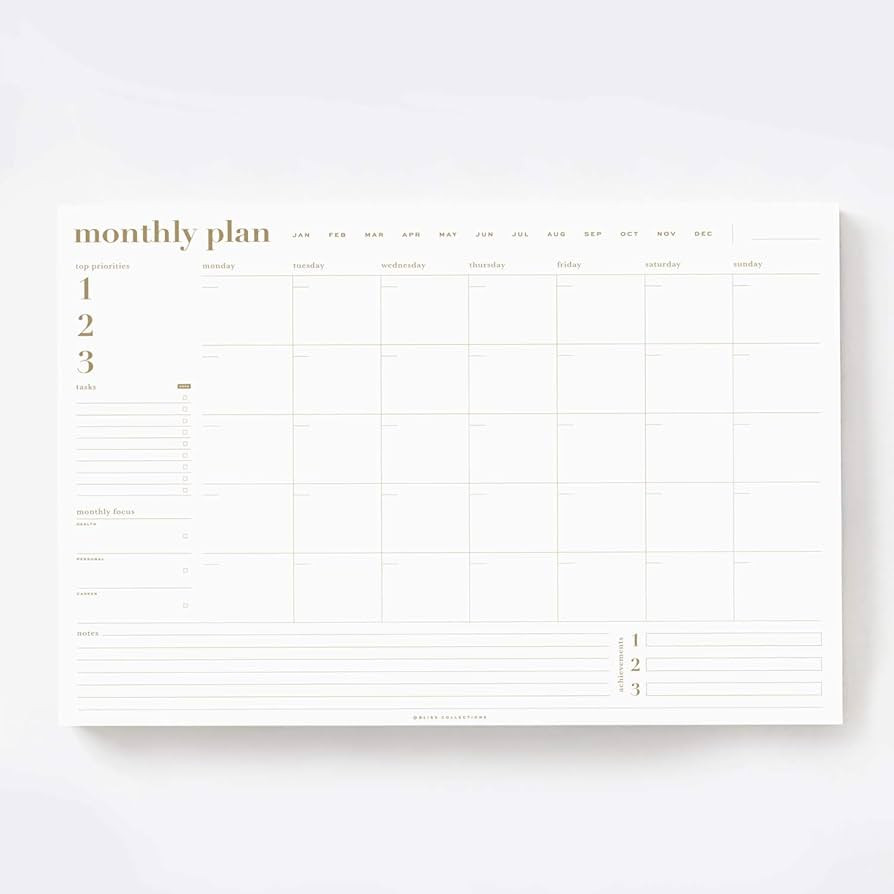 Bliss Collections Monthly Planning Pad, Desk Calendar - Gold - Undated Desk Calendar for Organizi... | Amazon (US)
