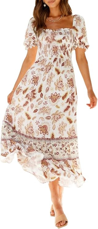 ZESICA Women's 2023 Summer Boho Floral Print Square Neck Ruffle Swing Beach Long Maxi Dress | Amazon (US)