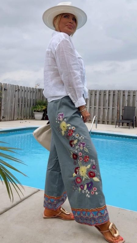 The details on these pants are gorgeous. It’s all done by hand making each piece unique & a forever staple in my closet.  I sized down to a small.  If you carry weight in your tummy stay with your true size. This also makes a great transitional outfit.  #wearnowandlater #transitionoutfit 

#LTKstyletip #LTKtravel