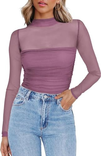 Zeagoo Women's Sexy Mock Turtle Neck Long Sleeve Tops Sheer Mesh Ruched Trendy Going Out Shirts Blouse Fuchsia | Amazon (US)