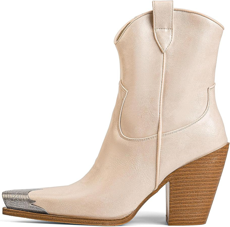 Arqa Women's Western Boots Etched Metal Toe Cowgirl Booties Stacked Block Heel Ankle Boots Side Z... | Amazon (US)