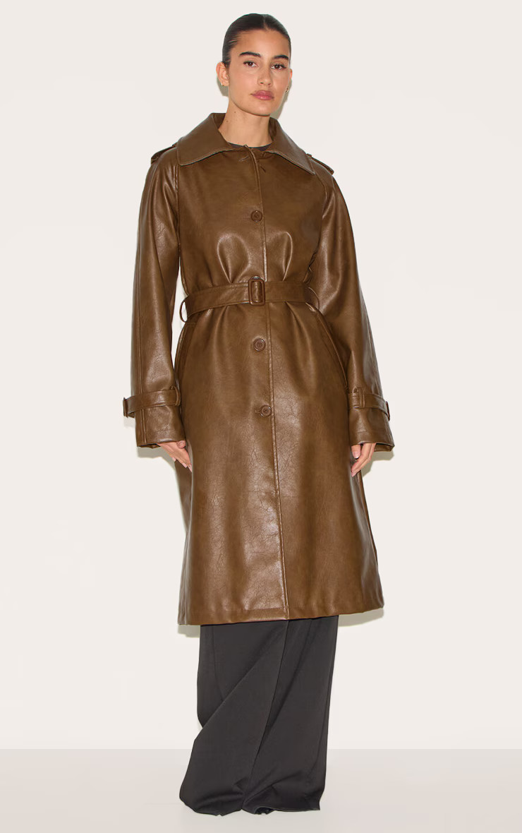 Chocolate Mid Length Faux Leather Trench Coat | PrettyLittleThing US