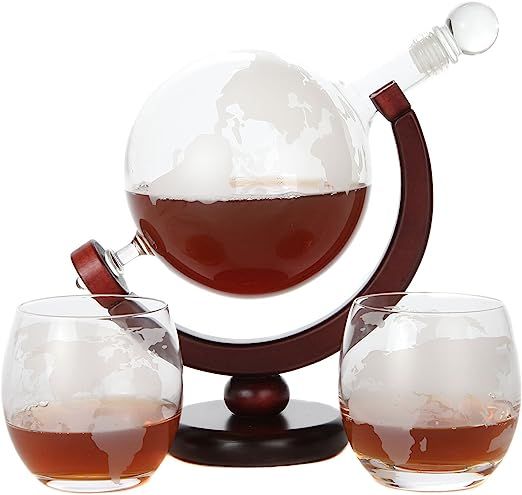 Lily's Home World Globe Whiskey Decanter with Dark Finished Wood Stand, Bar Funnel, and 2 Matchin... | Amazon (US)