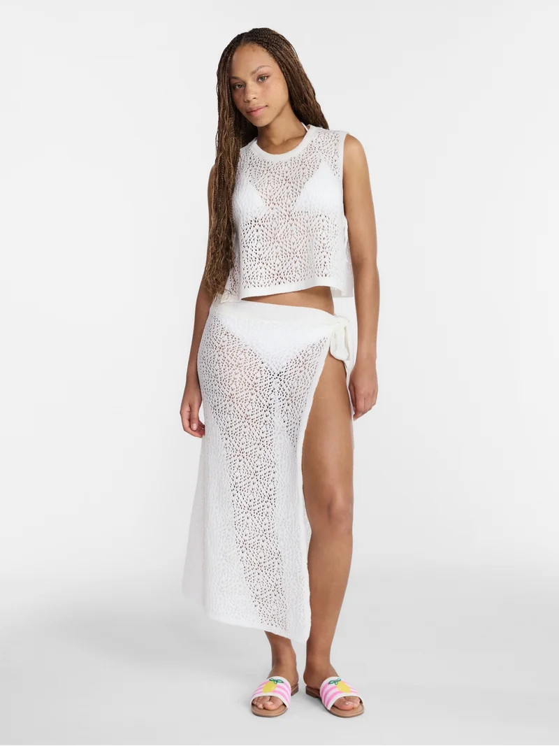 No Boundaries Cropped Crochet Knit Poncho with Side Ties, Women's | Walmart (US)