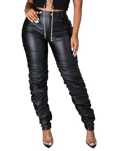 hibshaby Pleather Pants for Women Plus Size, Sexy Club Faux Leather Pants Bodycon High Waist Ruched Stacked Legging Black XL | Amazon (US)