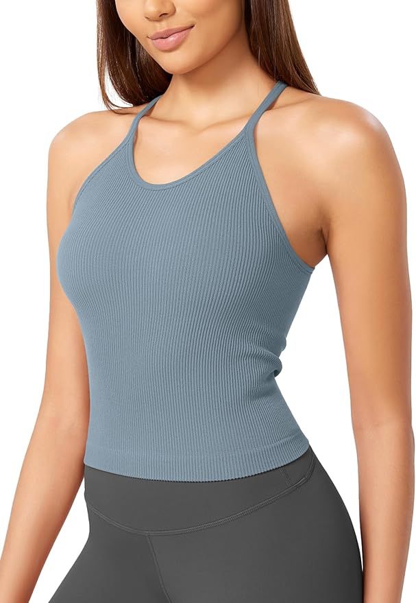 ODODOS Women's Crop Seamless Rib-Knit Camisole Strappy Racerback Cropped Tank Tops | Amazon (US)