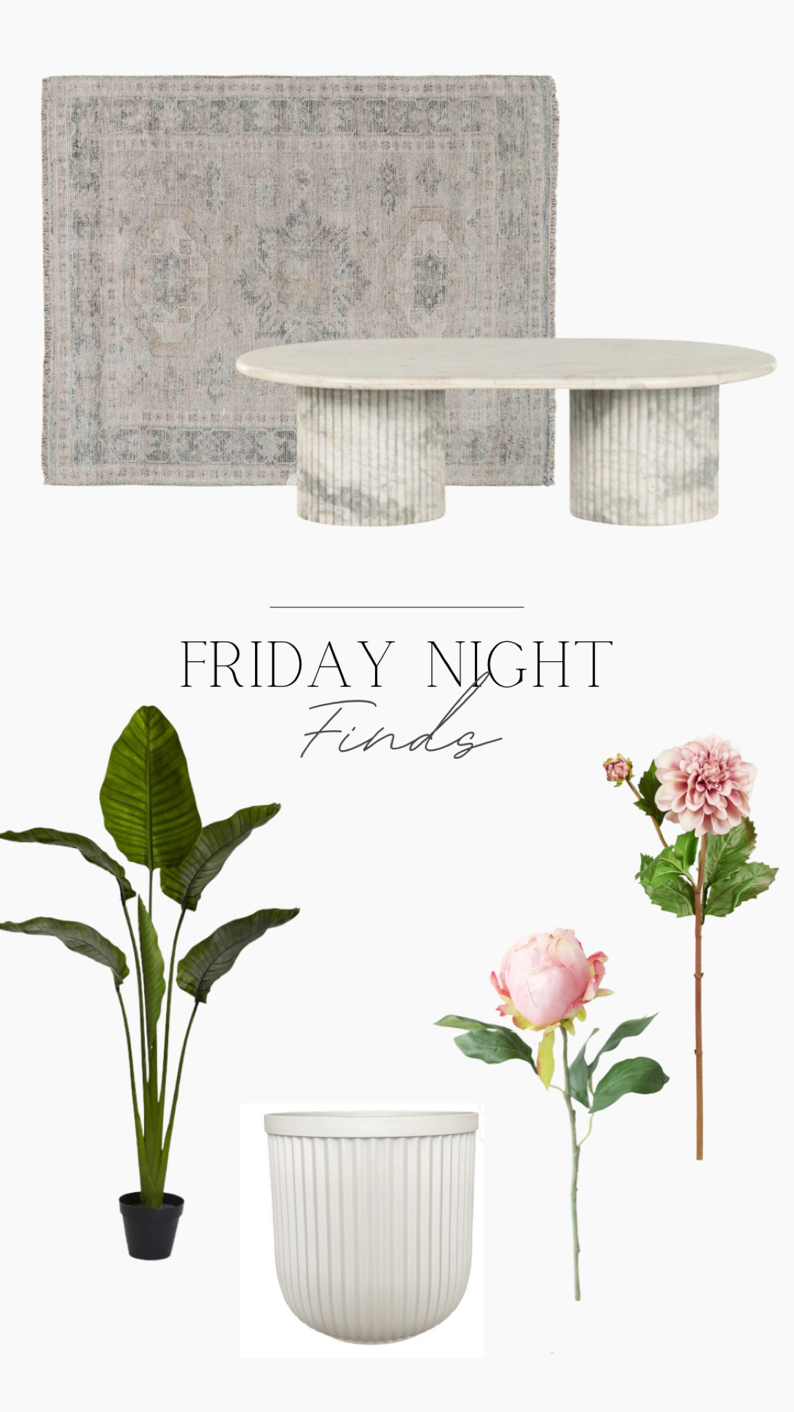 Friday night finds

Marble coffee table, rug, faux plan, faux flowers, planter 

#LTKSeasonal #LTKFind #LTKhome