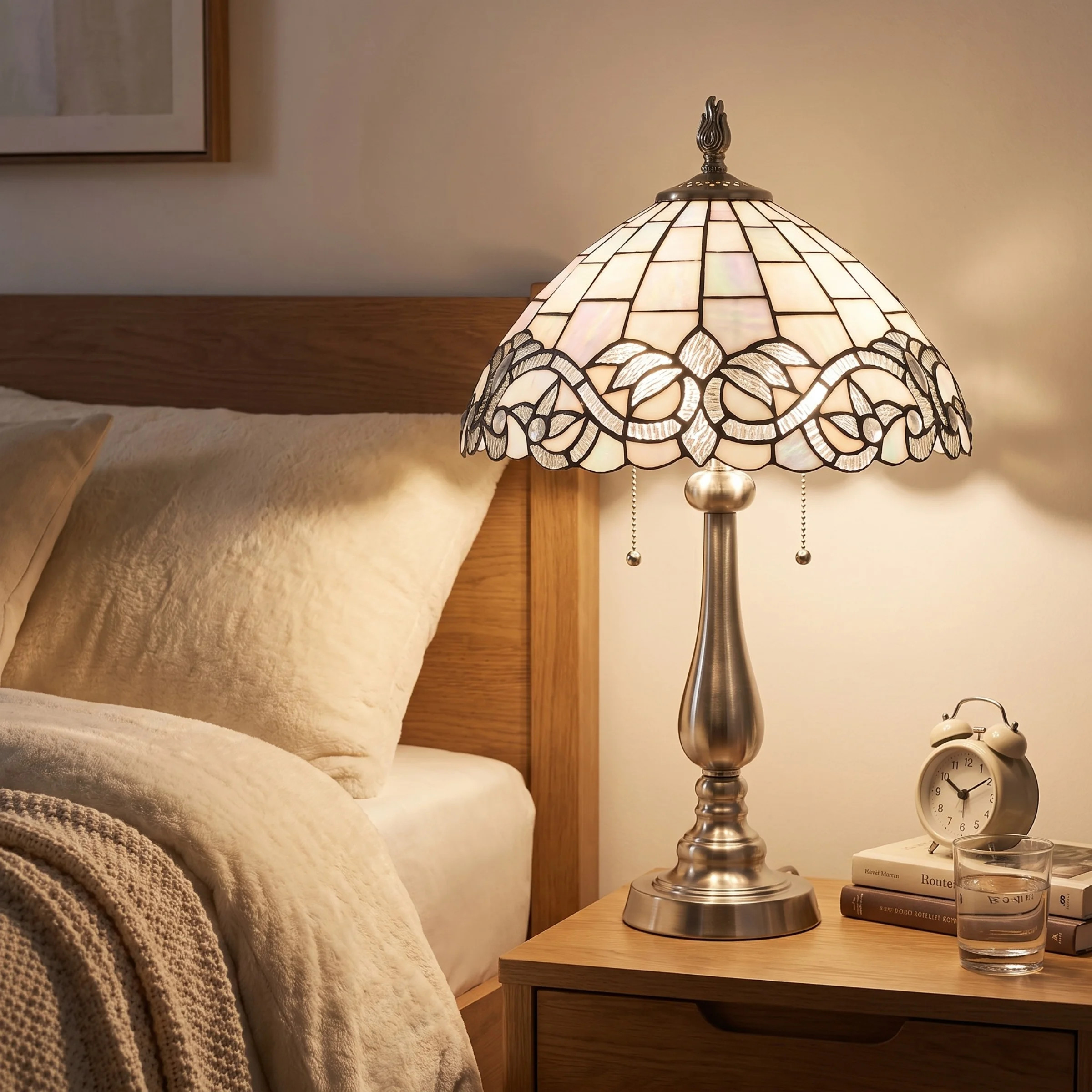 Astoria Grand Tiffany Style Table Lamp with Stained Glass Shade - Baroque-Design Stained Glass Lamp for Office, Living Room, or Bedroom - Vintage Room Light with 2 LED Bulbs Included (Silver) - Wayfair Canada | Wayfair North America
