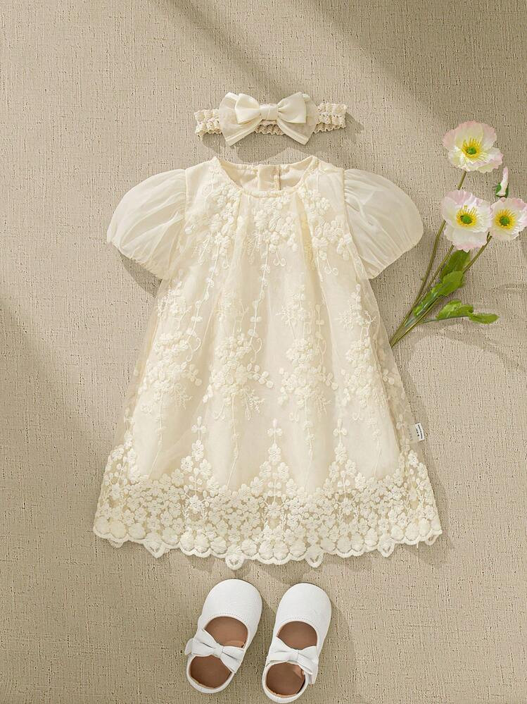 Souflis Souflis Infant Girls' Cream-Color Embroidered Mesh Puff Sleeve Princess Dress, Suitable F... | SHEIN