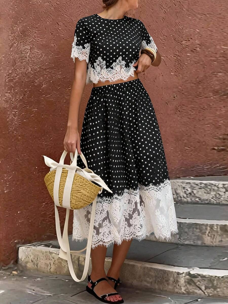 Travachic Women's Black And White Polka Dot Pattern Contrast Lace Hem Shirt And Skirt Set,Summer,Elegant,Vacation Vacation | SHEIN