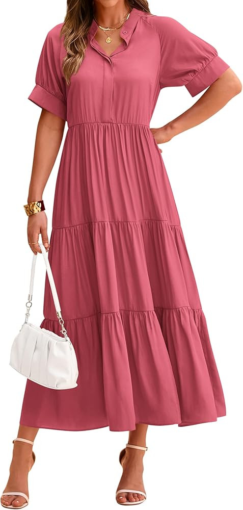 dowerme Women's Summer Dresses 2024 Casual Short Sleeve Button Loose Fit Pleated Boho Flowy Swing... | Amazon (US)