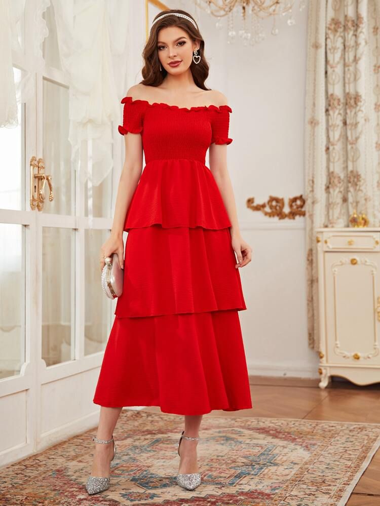 Frill Trim Shirred Bardot Layered Dress | SHEIN