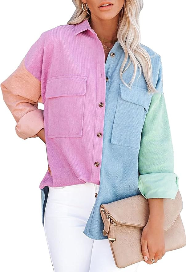 Sidefeel Women Corduroy Long Sleeve Button Down Shirt Oversized Jacket Tops | Amazon (US)