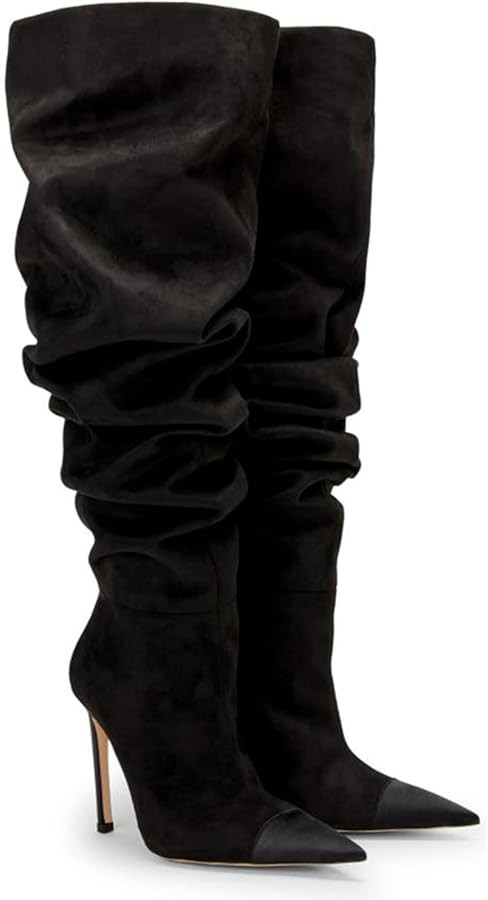 Women Soft Plicated Suede Stiletto Heel Knee High Boots, Sexy Cap Toe Thigh Boots, Retro Patchwor... | Amazon (US)