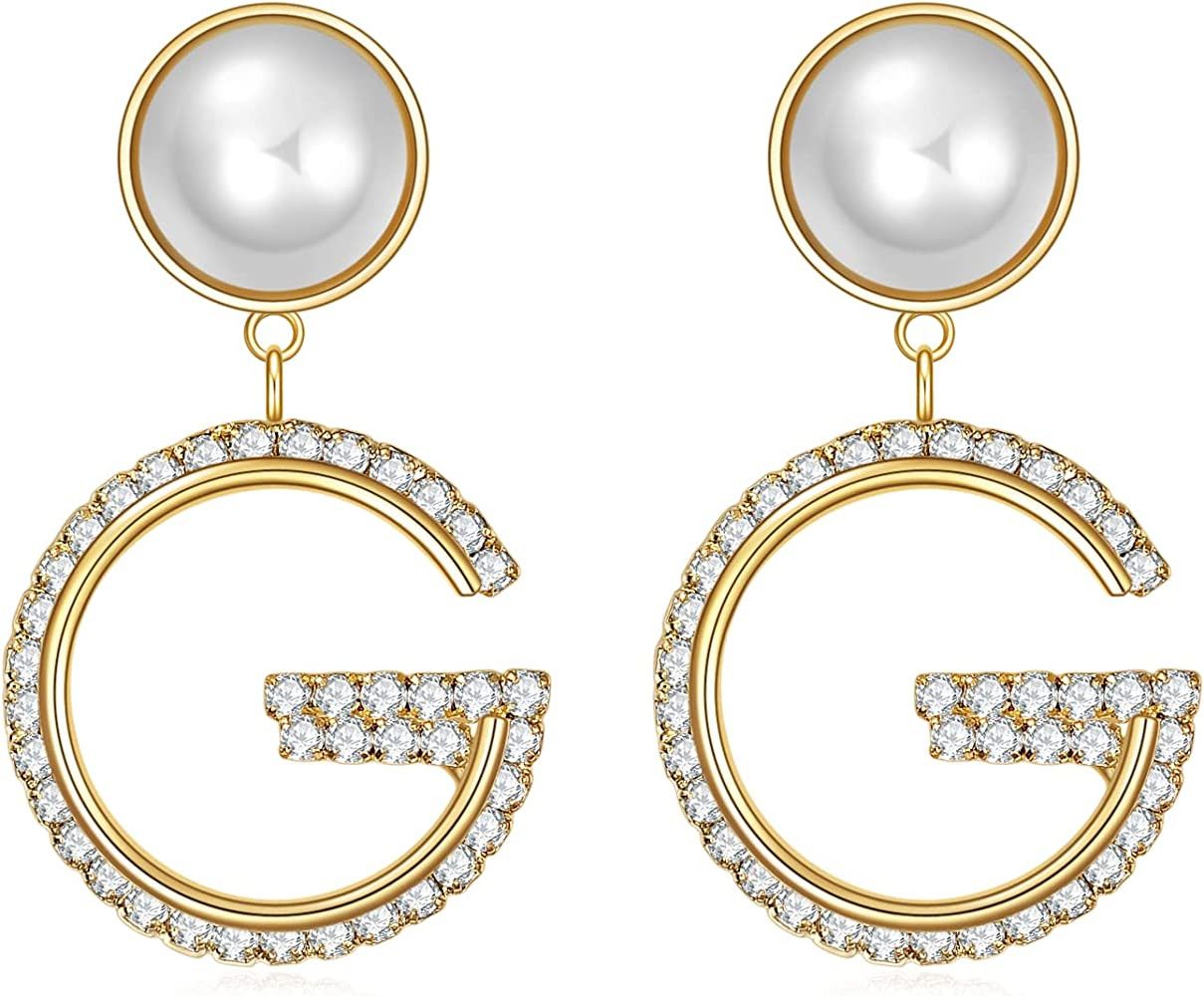 G Initial Letter Earrings - Pearl Drop Earrings Dangle Sterling Silver Earrings, Prime Day Deal | Amazon (US)