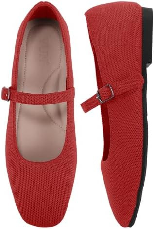 VUN Knit Flats for Women - Square Toe Ballet Flats with Adjustable Ankle Strap and Arch Support, ... | Amazon (US)