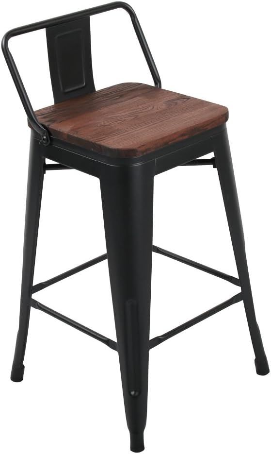 24" Low Back Metal Counter Stool Height Bar Stools with Wooden Seat [Set of 4] Barstools, Matte B... | Amazon (US)