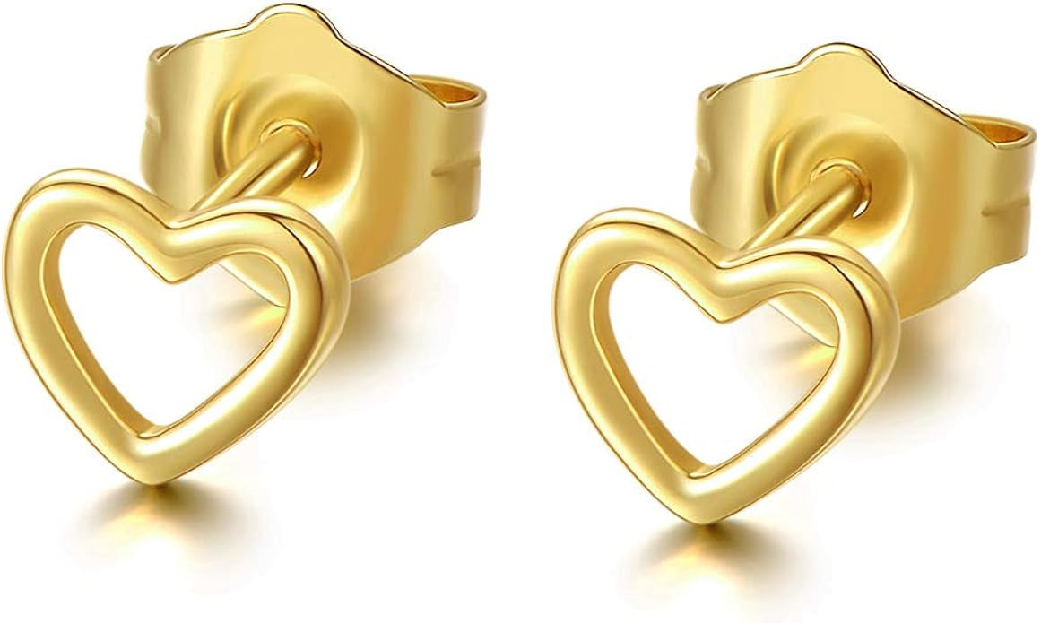 Amazon.com: 14K Gold Heart Stud Earrings, Yellow Gold Hollow Heart Studs Screw Back Earrings, Dai... | Amazon (US)