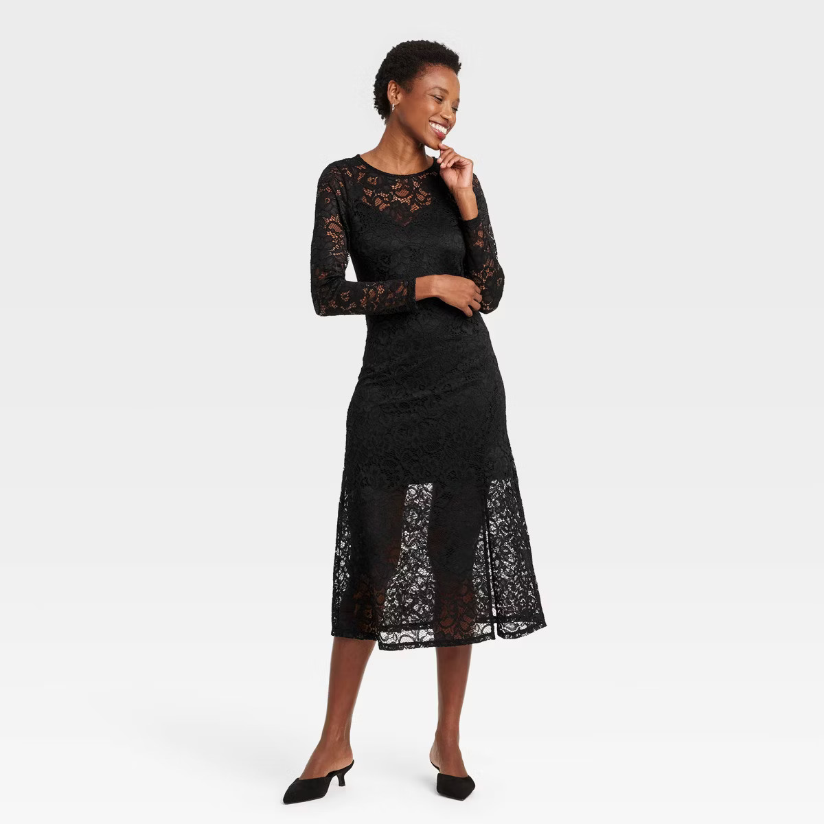 Women's Long Sleeve Midi Lace Dress - A New Day™ Black Floral | Target