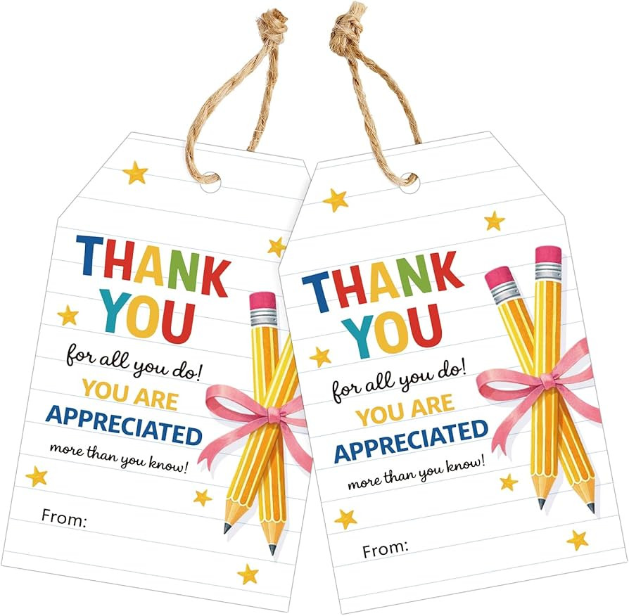 Joycraft 50Pcs Thank You Gift Tags with String, 3.3x2.1 inch Teacher Appreciation Tags with Bow P... | Amazon (US)