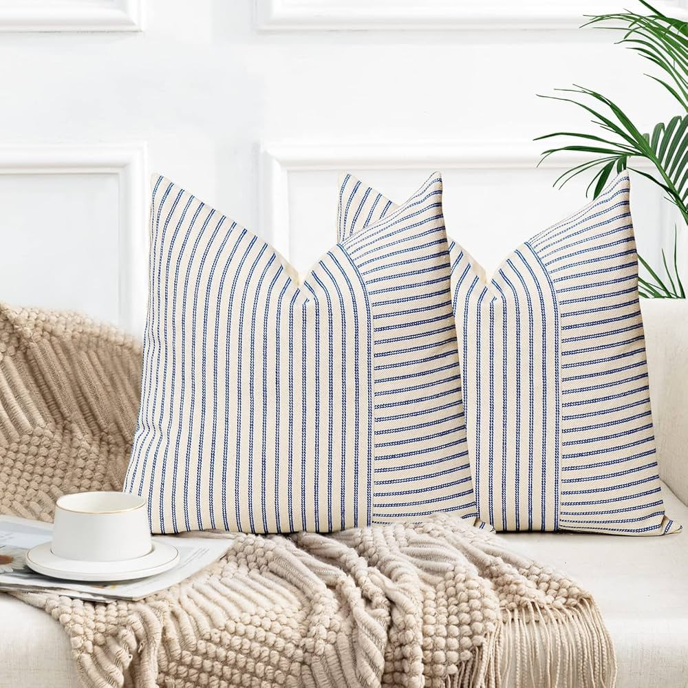 Farmhouse Pillow Covers 16x16, Modern Accent Square Throw Pillow Covers Set of 2, Blue and Beige ... | Amazon (US)