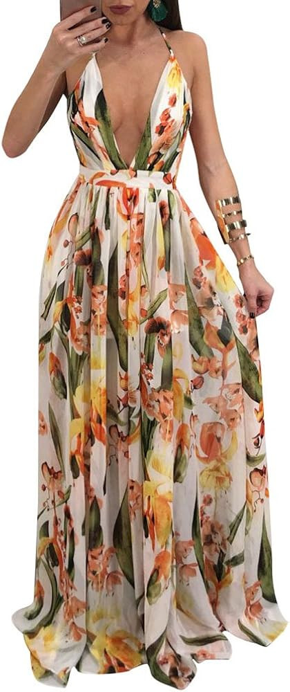 Remelon Womens Sexy Spaghetti Strap Deep V Neck Floral Boho Criss Cross Backless Chiffon Beach Pa... | Amazon (US)
