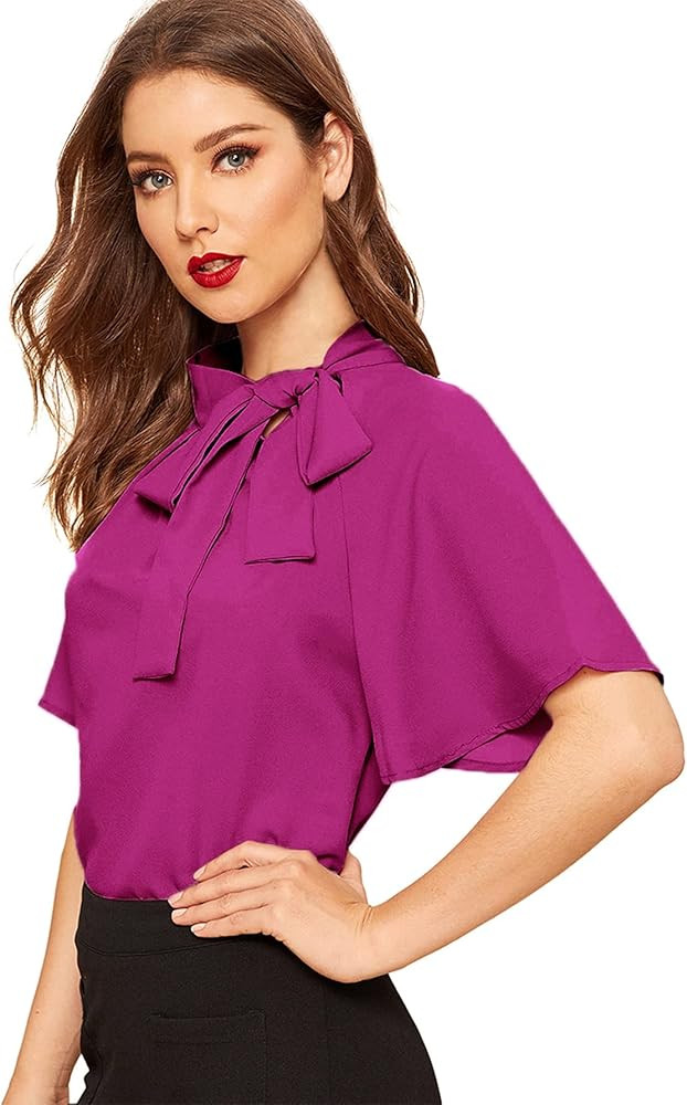 SheIn Women's Casual Side Bow Tie Neck Short Sleeve Blouse Shirt Top | Amazon (US)