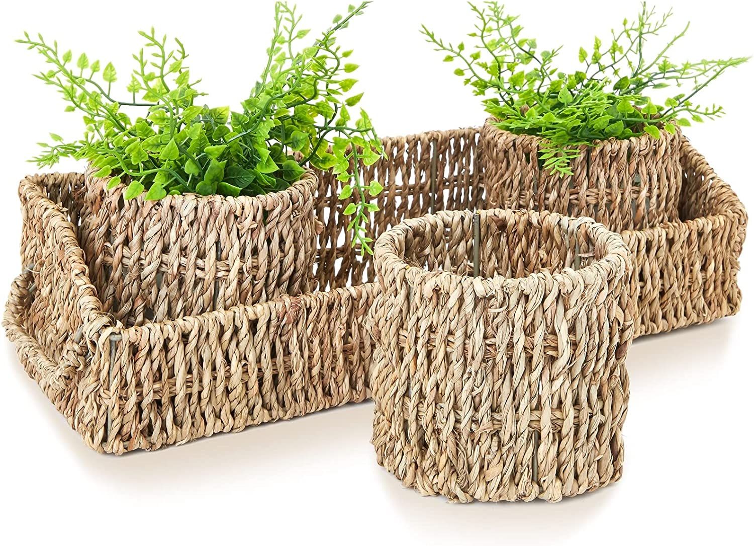 Set of 3 Wicker Round Storage Baskets for Shelves with Rectangular Seagrass Tray (Brown) | Amazon (US)