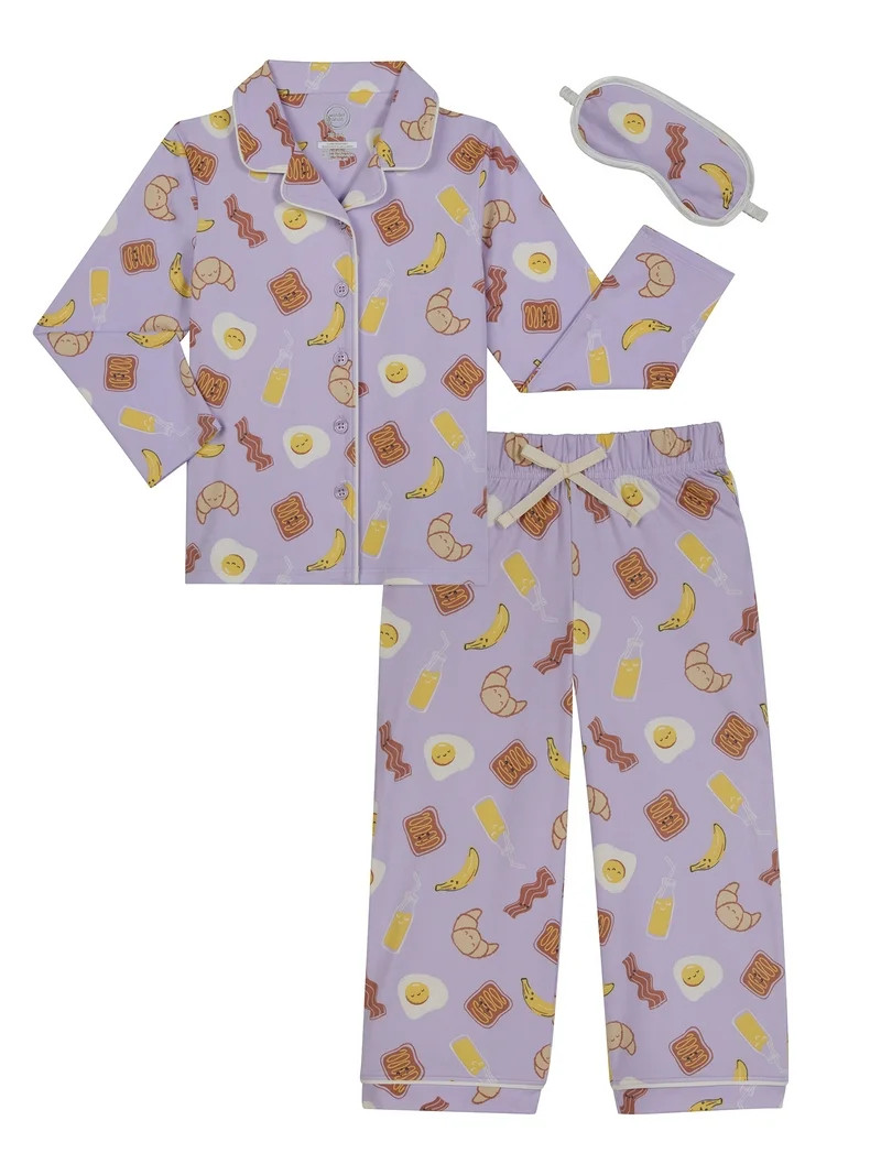 Wonder Nation Girls Button Front Long Sleeve Top & Pant Pajama Set with an Eyemask, 3-Piece, Size... | Walmart (US)