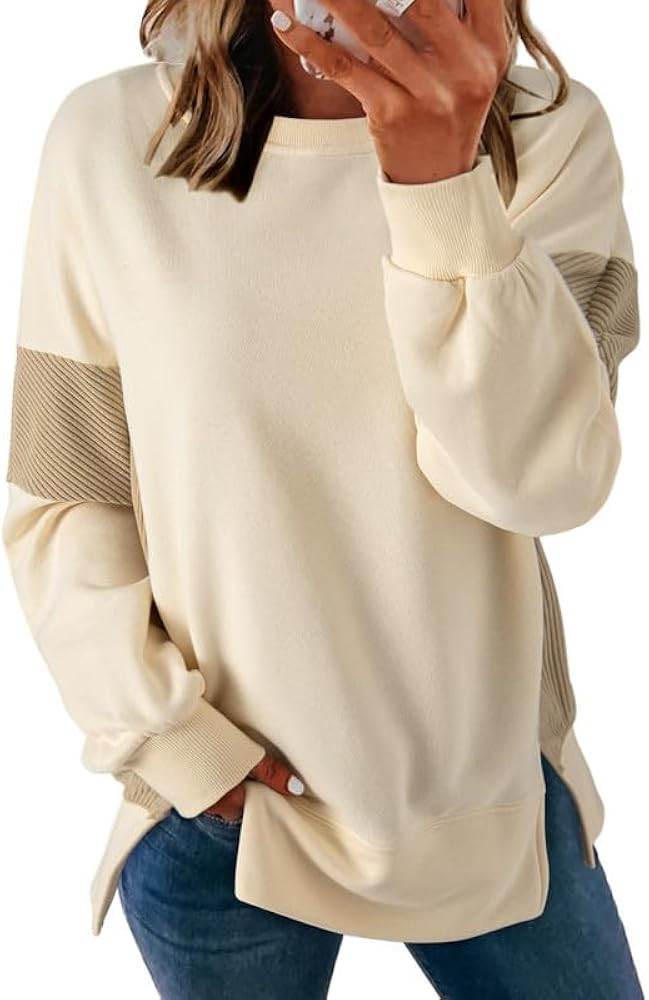 Dokotoo Women's Casual Oversized Sweatshirt Crew Neck Color Block Loose Pullover Tops Side Slit | Amazon (US)