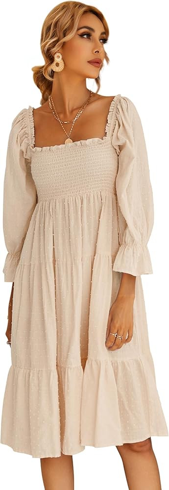 R.Vivimos Women's Summer Cotton Plaid Puff Sleeves Bow Casual Off-Shoulder Boho Midi Dress | Amazon (US)