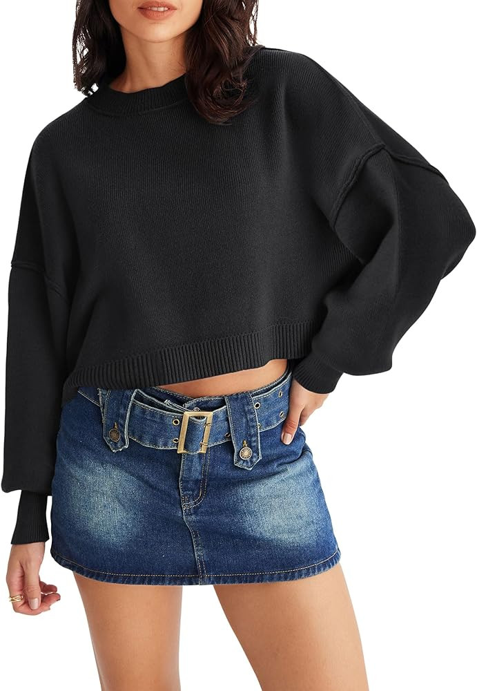 MEROKEETY Women's 2025 Crewneck Cropped Sweater Fall Batwing Sleeve Oversized Side Slit Ribbed Kn... | Amazon (US)