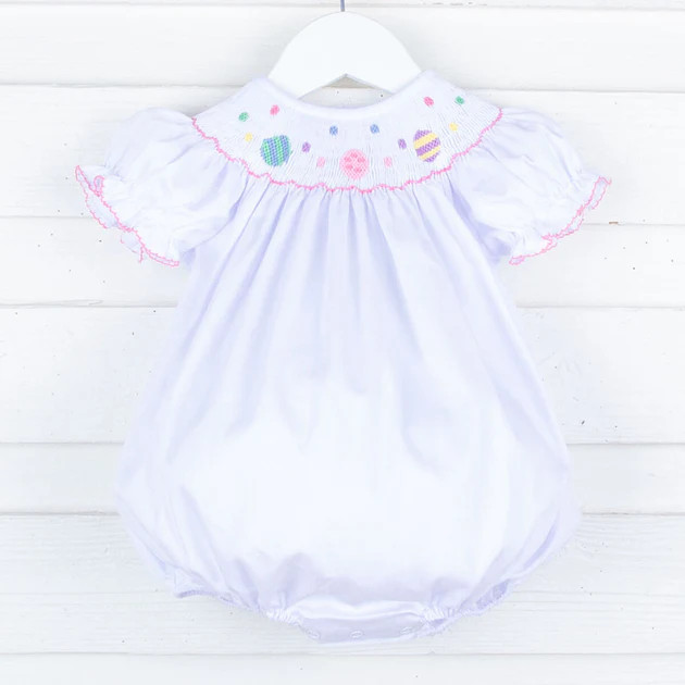 Easter Eggs Smocked White Bishop Bubble | Classic Whimsy