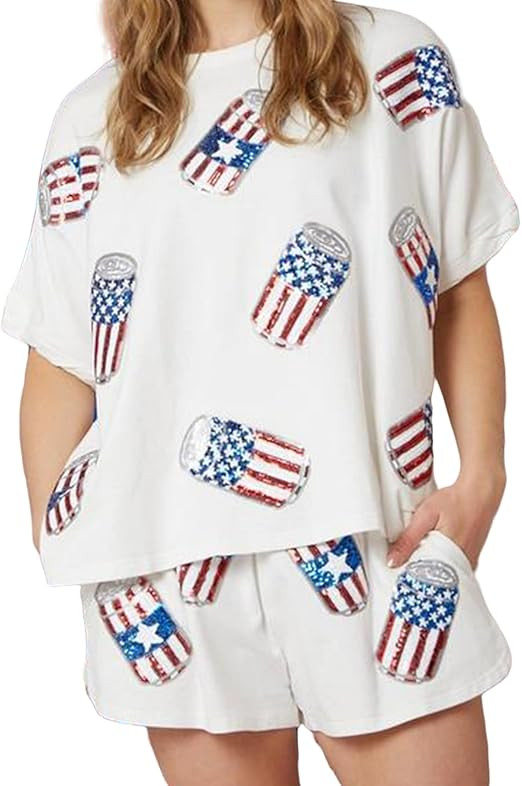 Women Independence Day Shorts Set Sequin American Flag Short Sleeve T Shirt 4th of July Patriotic... | Amazon (US)