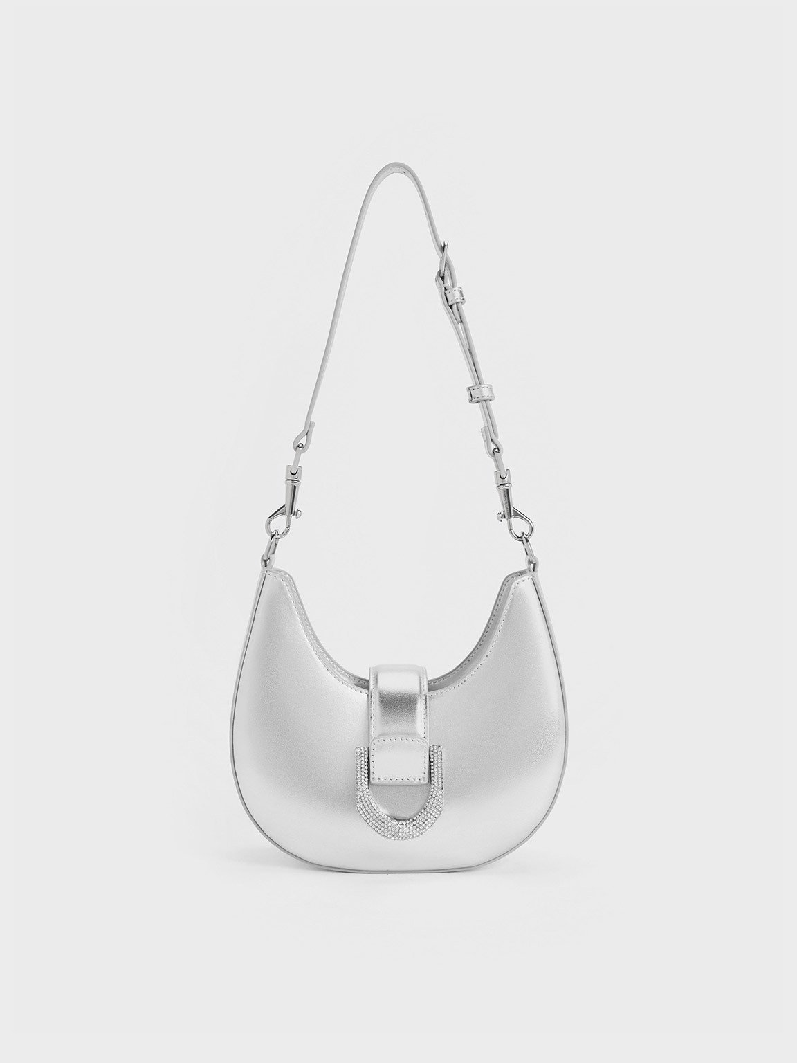 Gabine Metallic Leather Gem-Embellished Hobo Bag
    
         - Silver | Charles & Keith US