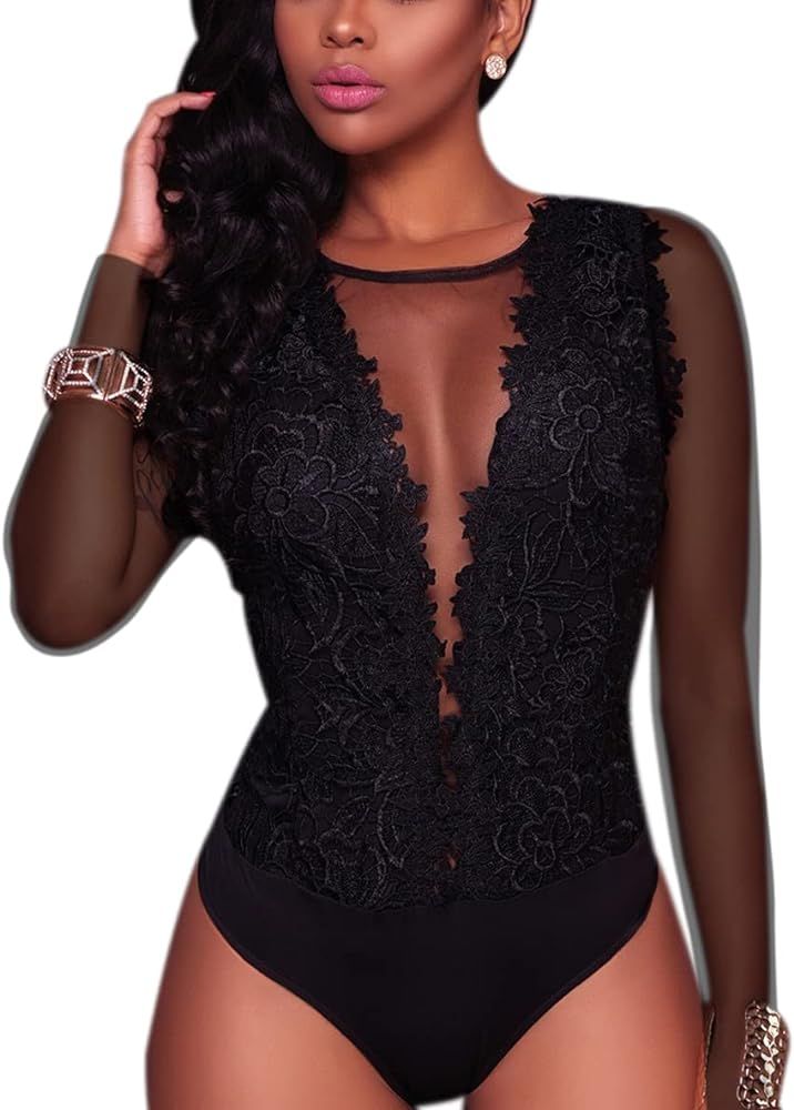 RARITYUS Women Sexy Lace Bodysuit Jumpsuit See Through Mesh Sleeveless/Long Sleeve Tops for Party... | Amazon (US)
