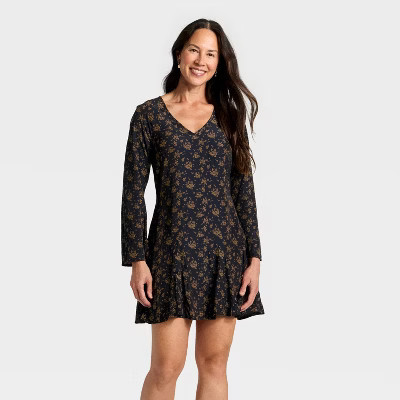 Women's Bell Long Sleeve Godet Mini A-Line Dress - Universal Thread™ Navy Blue Floral M | Target